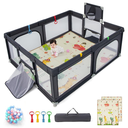 Toddler Mesh Play Pen with Mat, Pull Rings