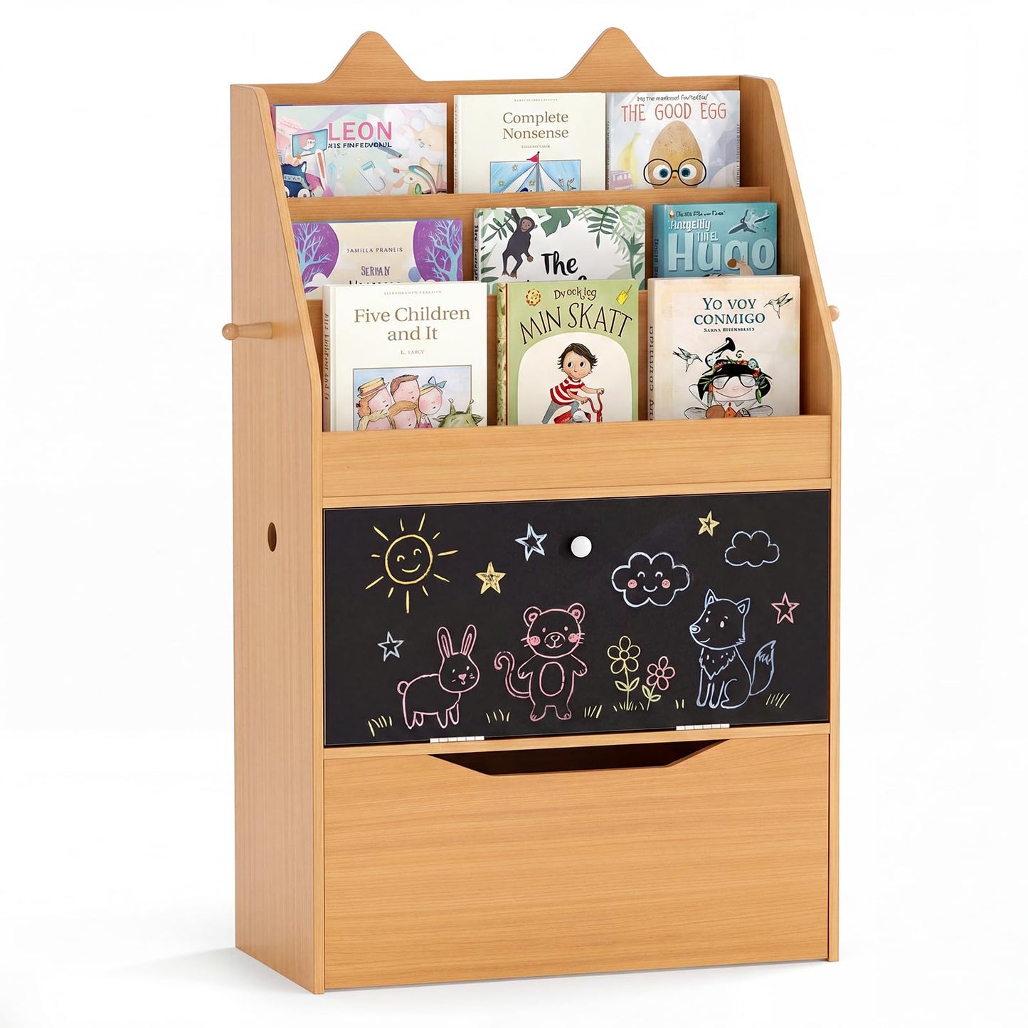Wooden Kids Bookshelf with Movable Drawer & Chalkboard for Playroom Nursery