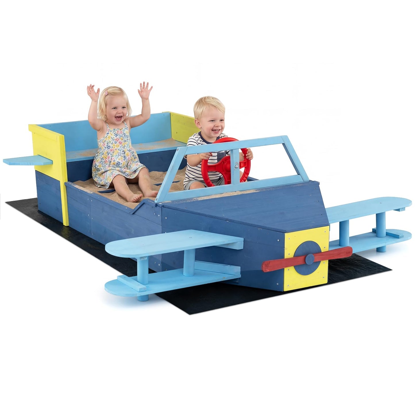 Wooden Kids Sandpit, Glider-Shape Sand Box with Bench Seat, Propeller, Rotatable Rudder