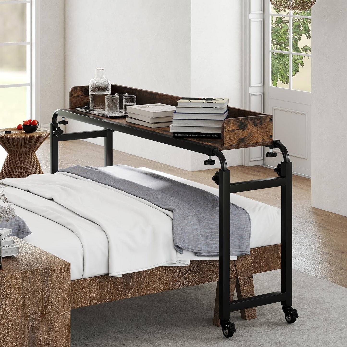 Overbed Table with Wheels, 136-206cm Mobile Over The Bed Table with Anti-Fall Barrier