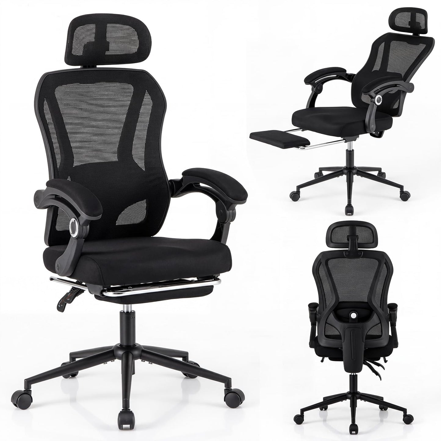 Ergonomic Mesh Office Chair with 2D Headrest and Retractable Footrest
