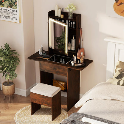 Small Dressing Table with 3-Color LED Lights Mirror and Stool