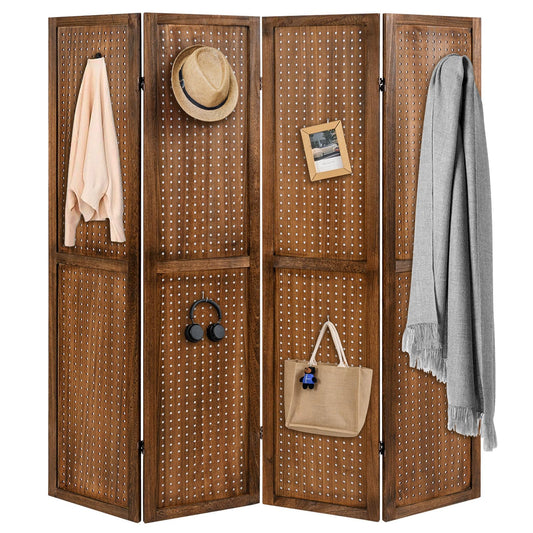 4 Panel Folding Room Divider with Pegboard Display  Wooden Wall Privacy Screen Protector