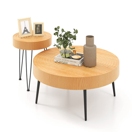 Solid Wood Center Nesting Tables Set of 2 with Water-ripple Tabletop