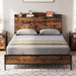 King Size Industrial Metal Platform Bed Frame with Charging Station and Storage Headboard