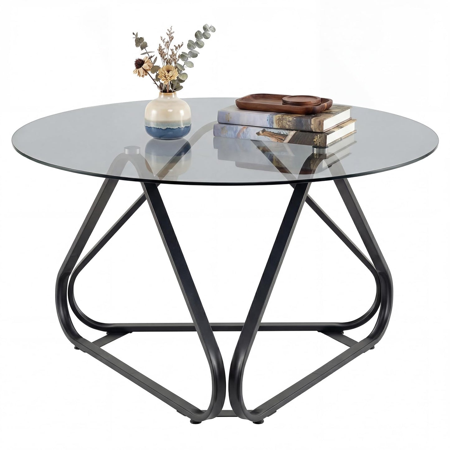 Round Tempered Glass Coffee Table with Triangle Metal Frame for Living Room