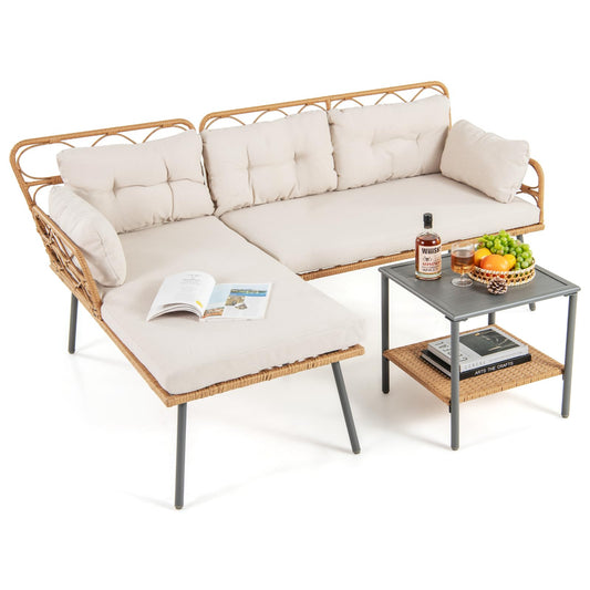 L Shaped Patio Conversation Set with Cushions & Coffee Table