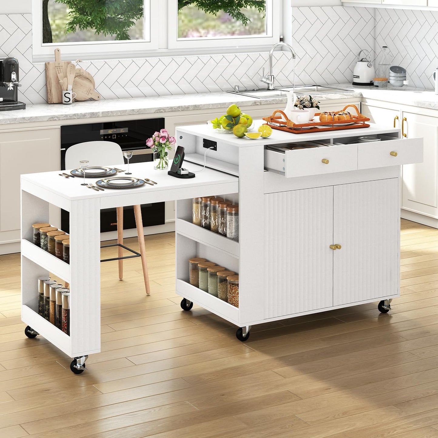 180cm Kitchen Island on Wheels with Extendable Table & Power Outlet