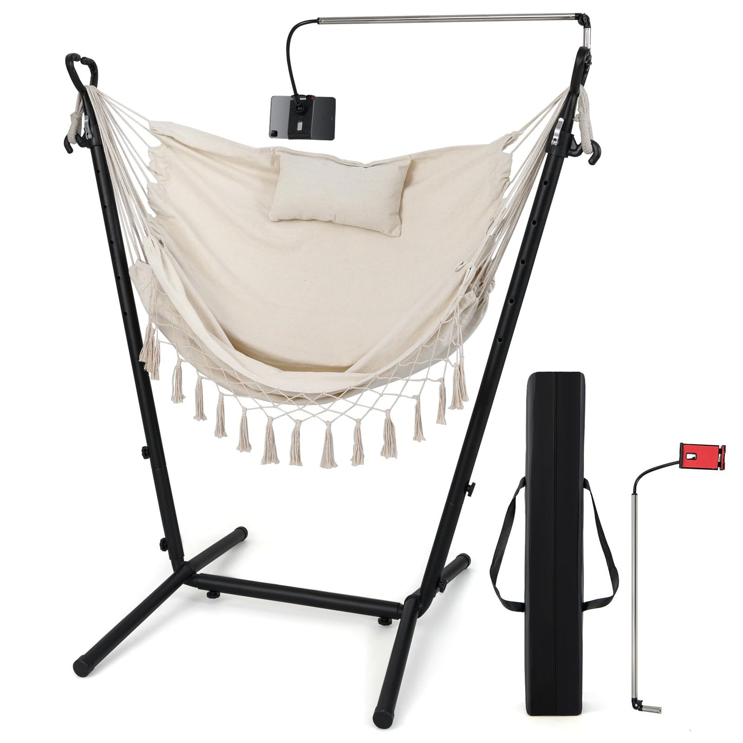 Hammock Chair with Stand and Phone Holder, 6-Level Height Adjustable Patio Swing Hammock