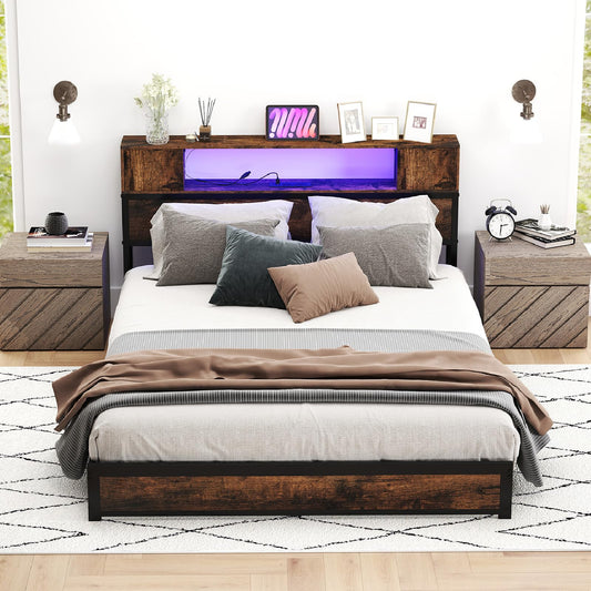 Double Metal Bed Frame with LED Lights, Charging Station