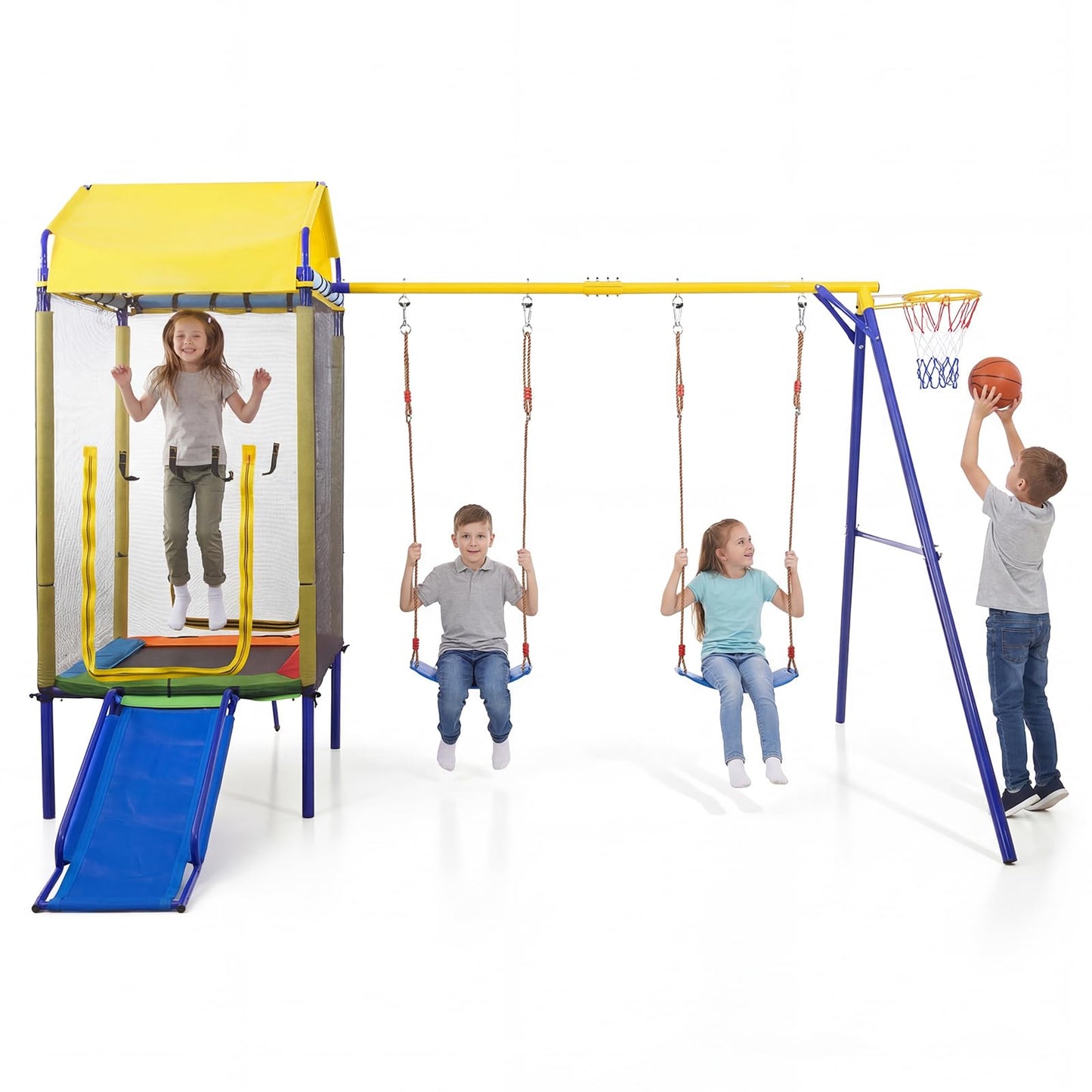 5-in-1 Kids Swing Set, Heavy-duty Metal Swing Stand with Trampoline, Roof