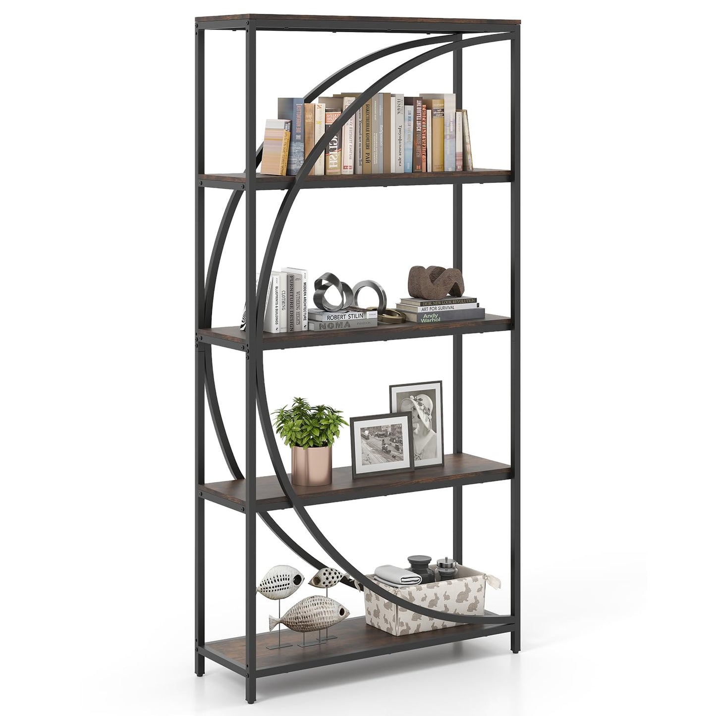 5-Tier Industrial Etagere Bookshelf with Open Storage Shelves and Arc-Shaped Design