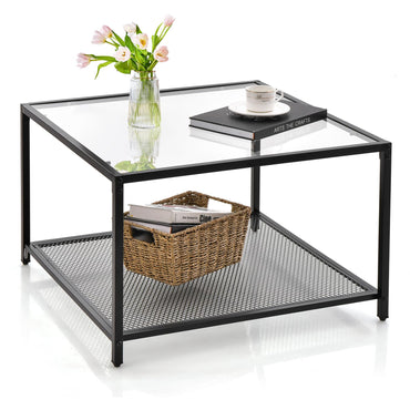Giantex Square Coffee Table Tempered Glass Sofa Side Table with Adjustable Foot Pads ((with Mesh Shelf)