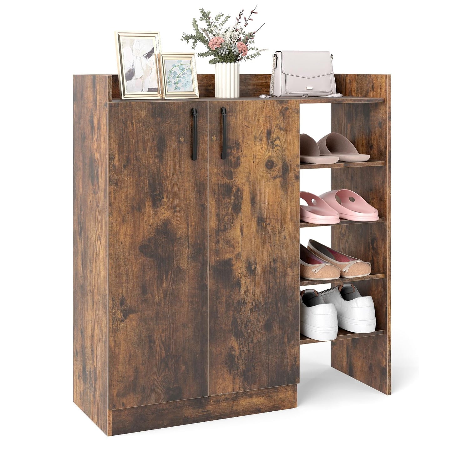 Shoe Storage Organizer with 2 Adjustable Inner Shelves and 4 Open Shelves