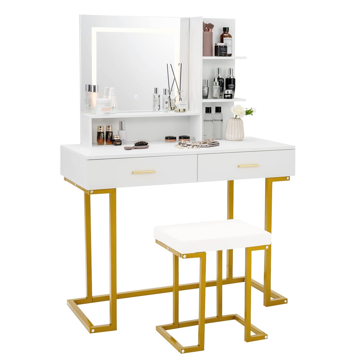 Vanity Set with Large Mirror Makeup Table with Stool and LED Lights