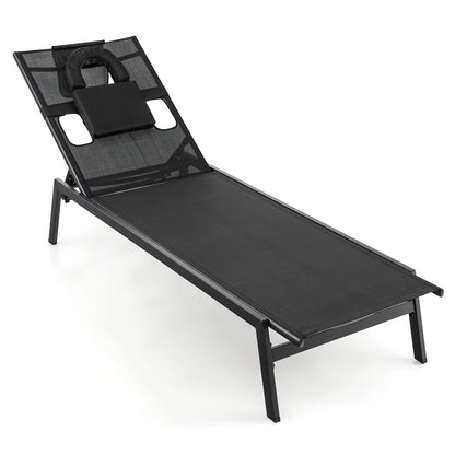 5 Positions Adjustable Chaise Lounge Deck Sunbed with Detachable Head Pillows