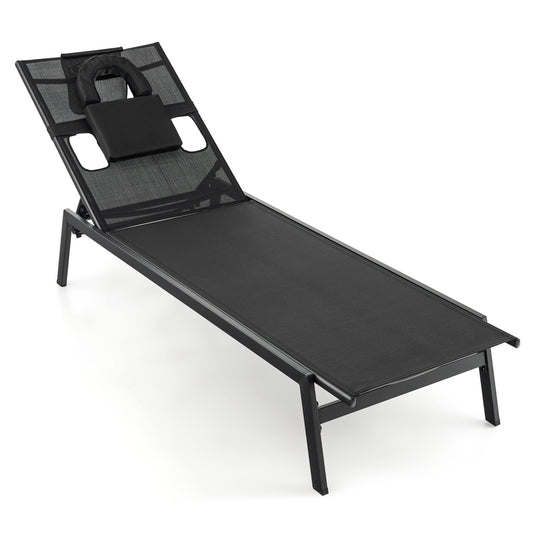 5 Positions Adjustable Chaise Lounge Deck Sunbed with Detachable Head Pillows