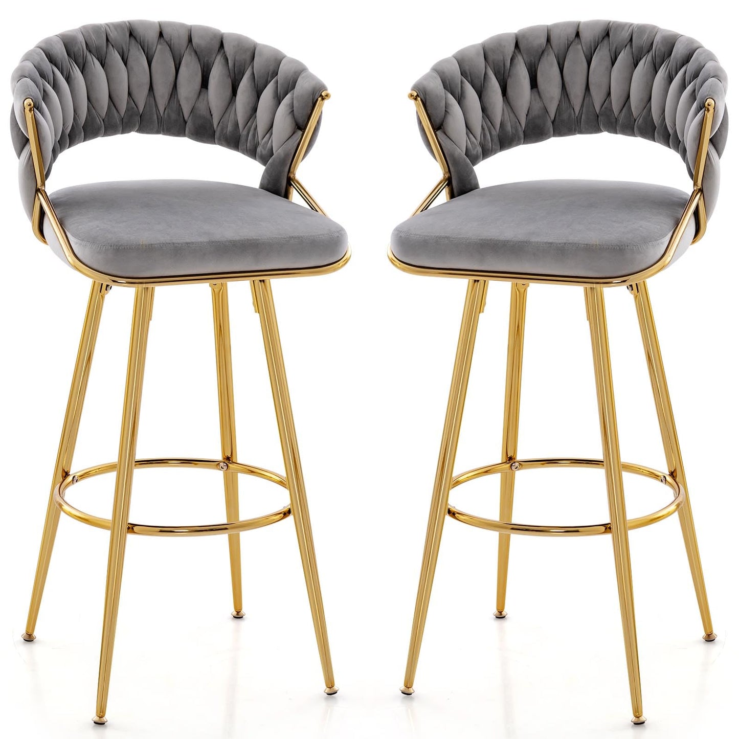 72cm Velvet Bar Stool Set of 2 with Woven Backrest and Gold Metal Legs
