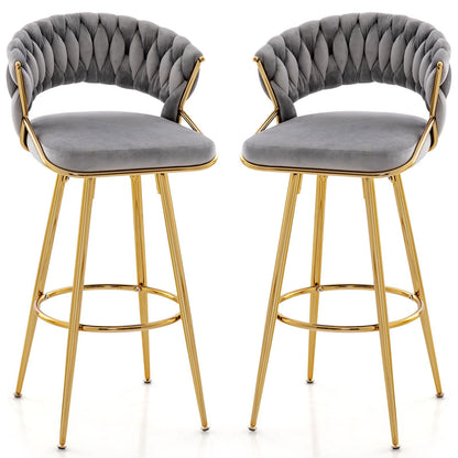 72cm Velvet Bar Stool Set of 2 with Woven Backrest and Gold Metal Legs