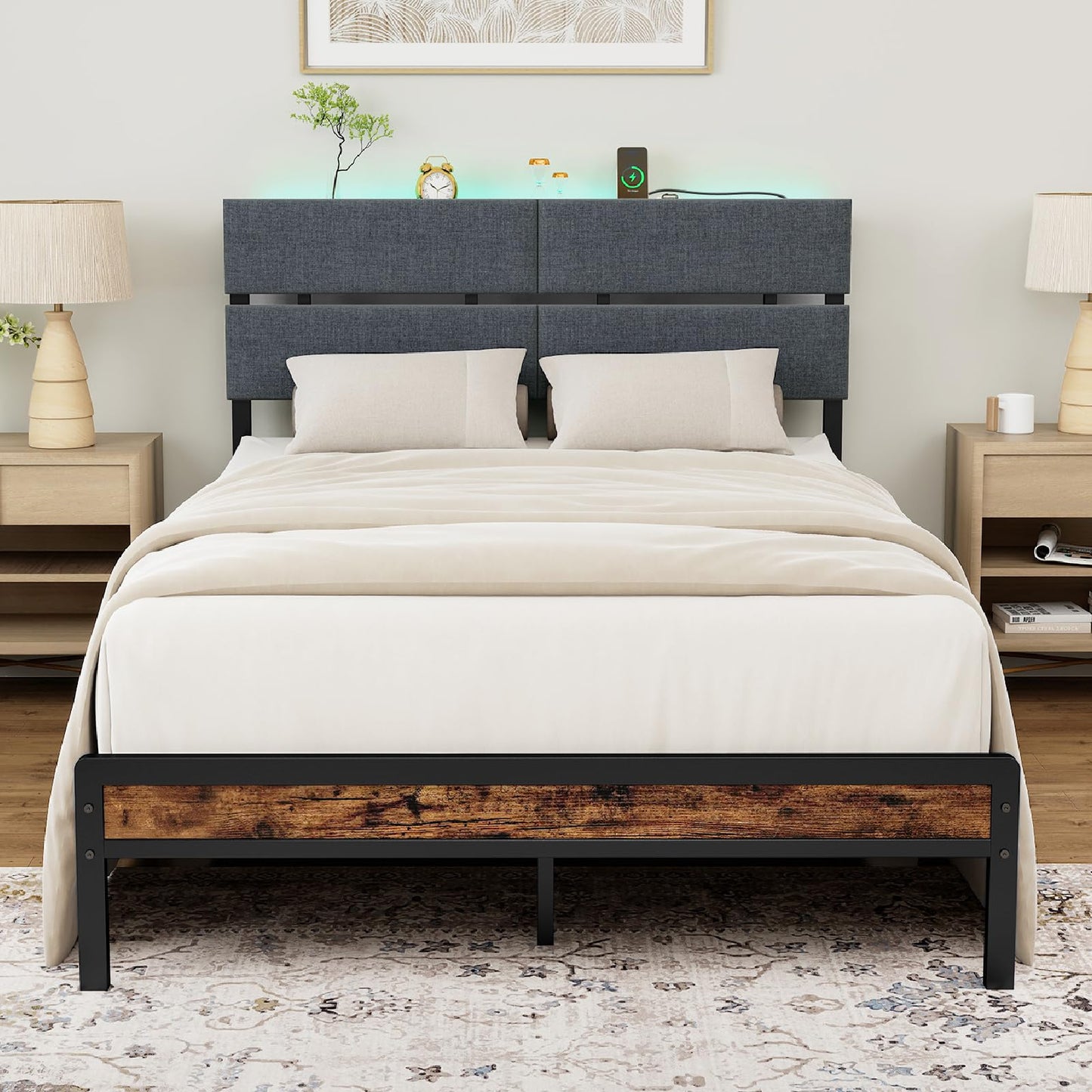 Double Bed Frame with LED Lights, Charging Station
