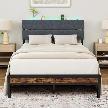 Double Bed Frame with LED Lights, Charging Station