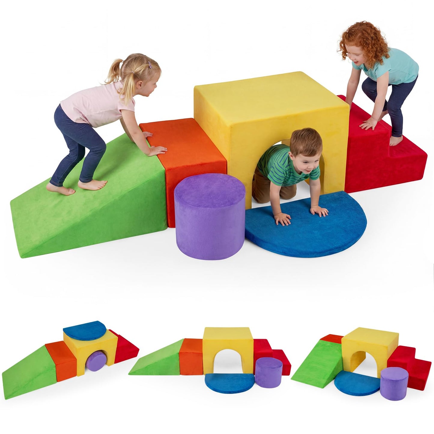6 Pieces Foam Climbing Blocks for Kids with Slide and Tunnel for Toddlers 3+