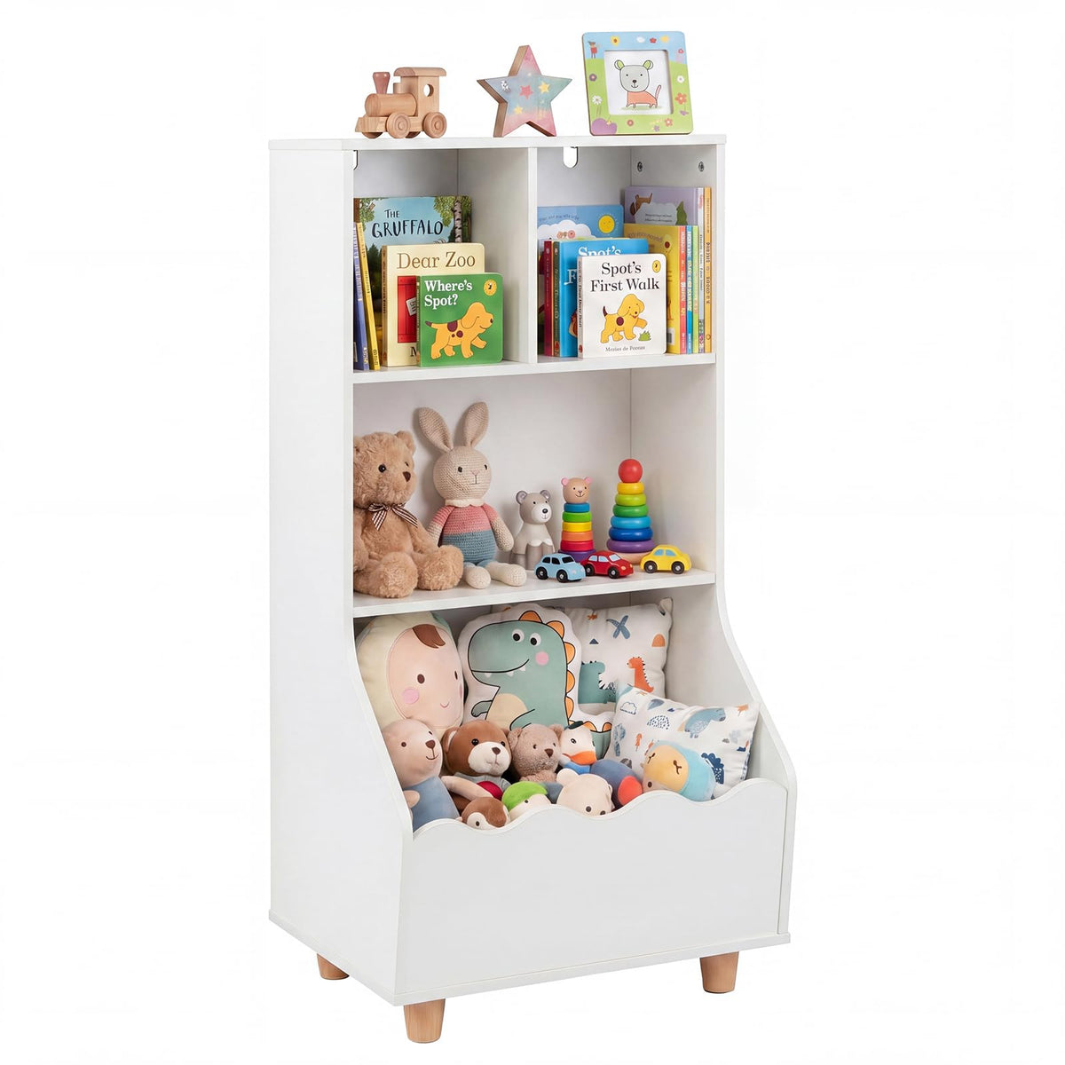 3-Tier Wooden Bookshelf with 2 Anti-Toppling Devices Top Surface and 3 Compartments