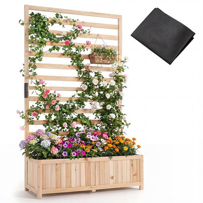 Wooden Planter with Trellis, Raised Garden Bed with Liner, Drainage Design
