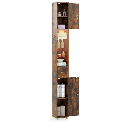 180 cm Tall Bathroom Cabinet Narrow Storage Organizer with 3 Doors and Adjustable Shelves