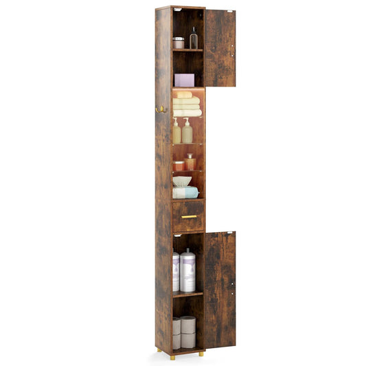 180 cm Tall Bathroom Cabinet Narrow Storage Organizer with 3 Doors and Adjustable Shelves