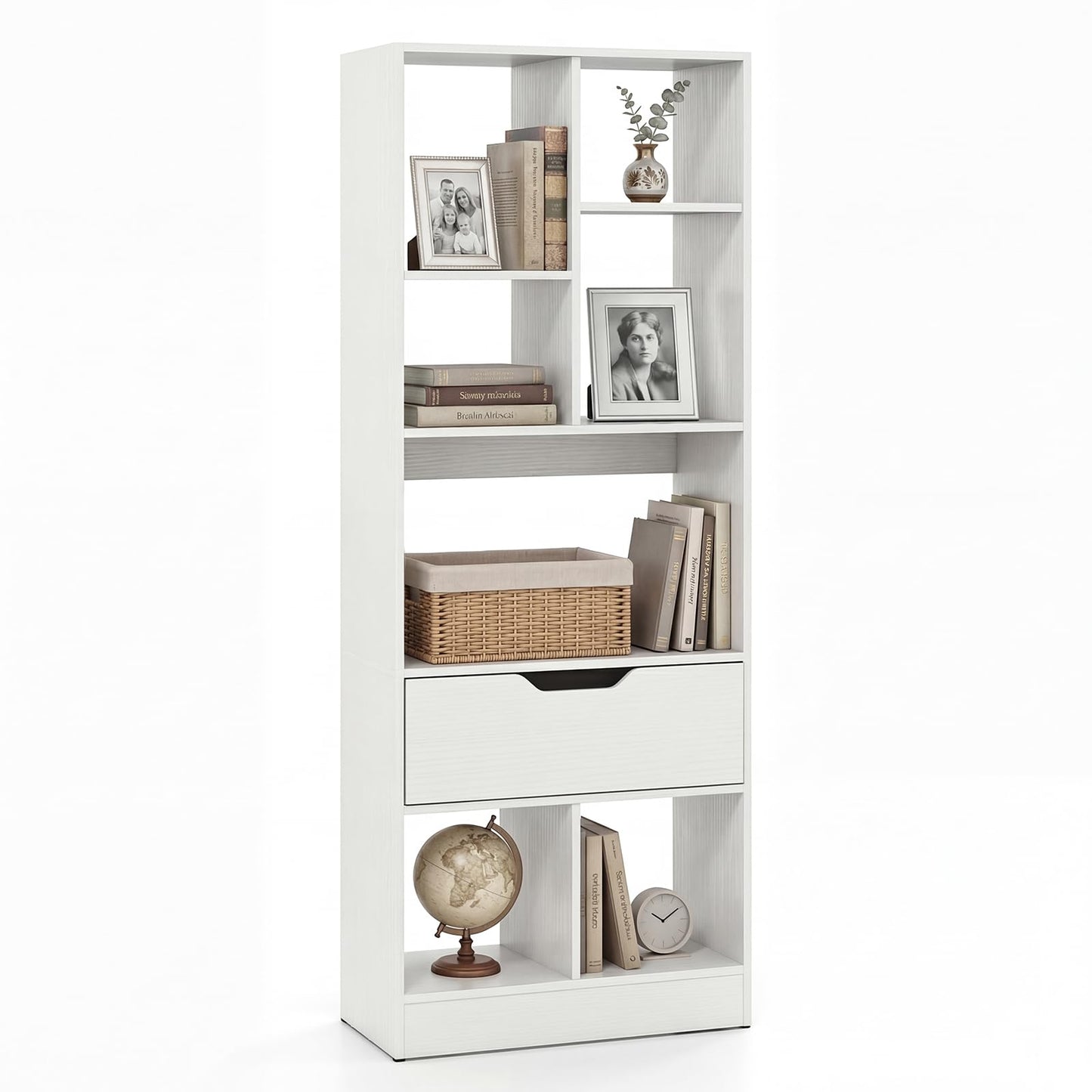 Tall Bookcase with Drawer, Floor Display Rack Storage Organizer for Living Room, Study, Home Office