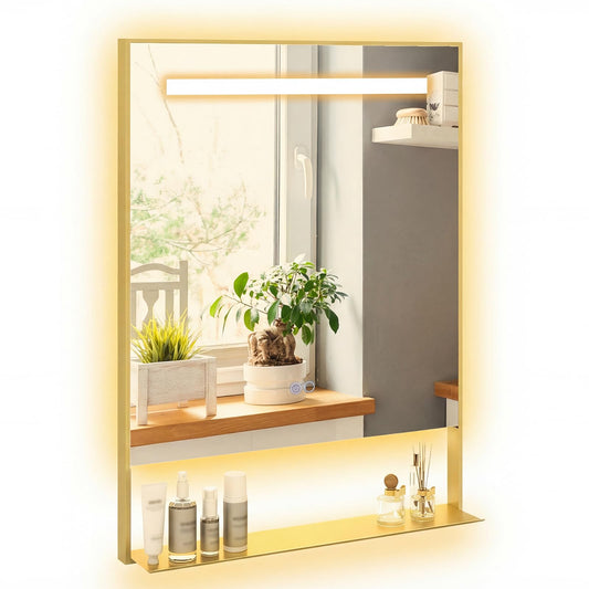 LED Bathroom Mirror with Shelf Aluminum Framed Right-angled Shape