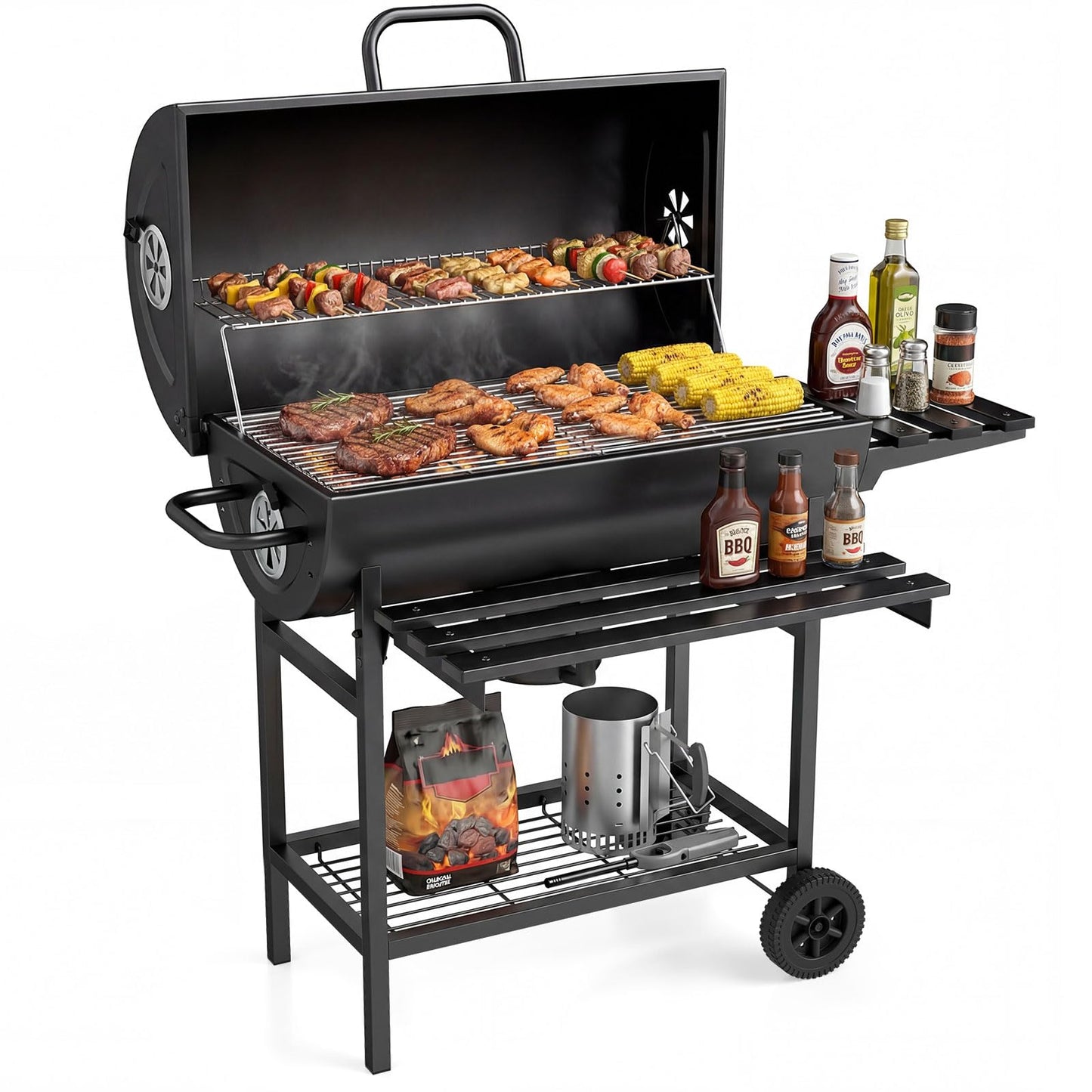 Charcoal BBQ Grill, Garden Barbecue Trolley with Wheels
