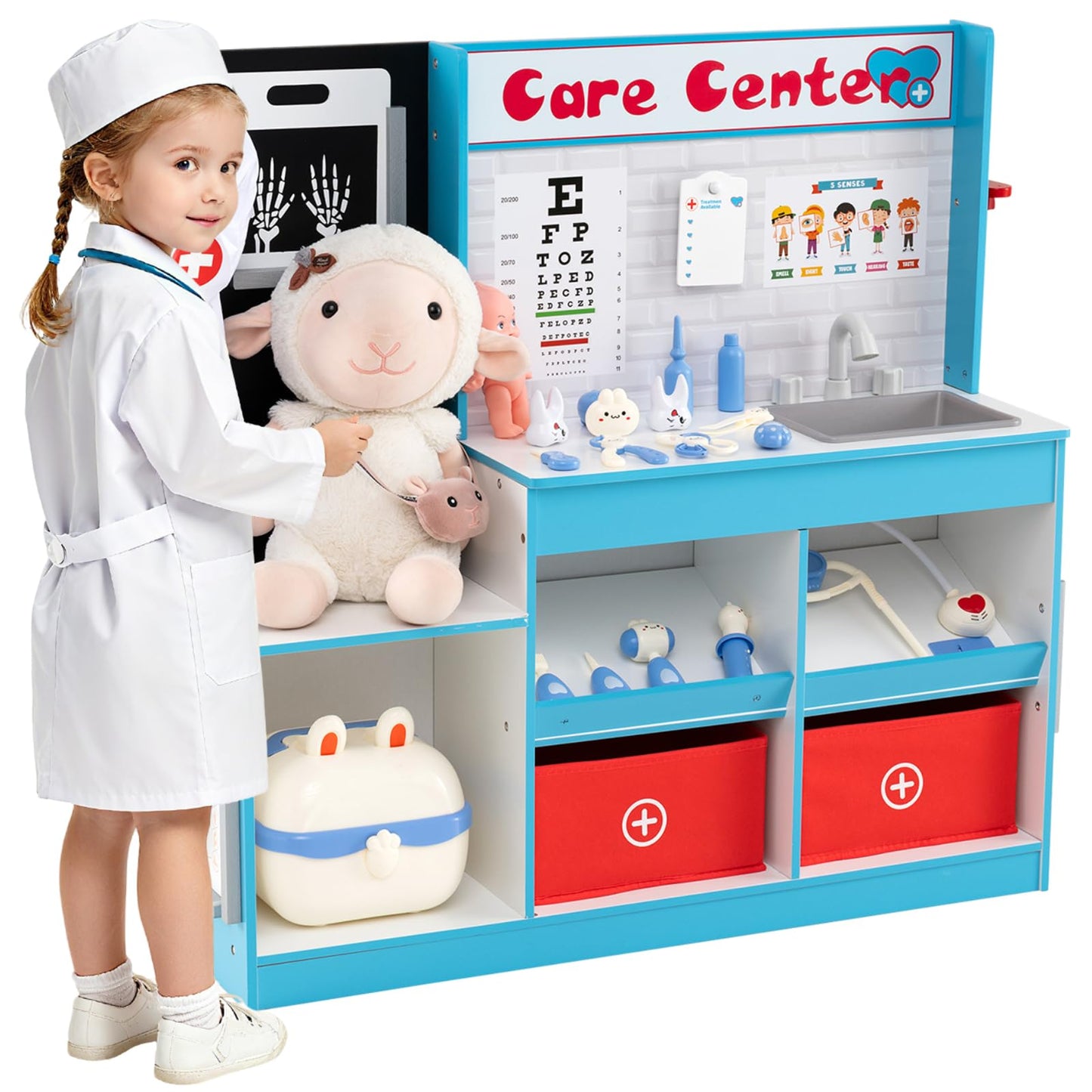 Wood Medical Center Toy Set with Examine Region and Height Measurer