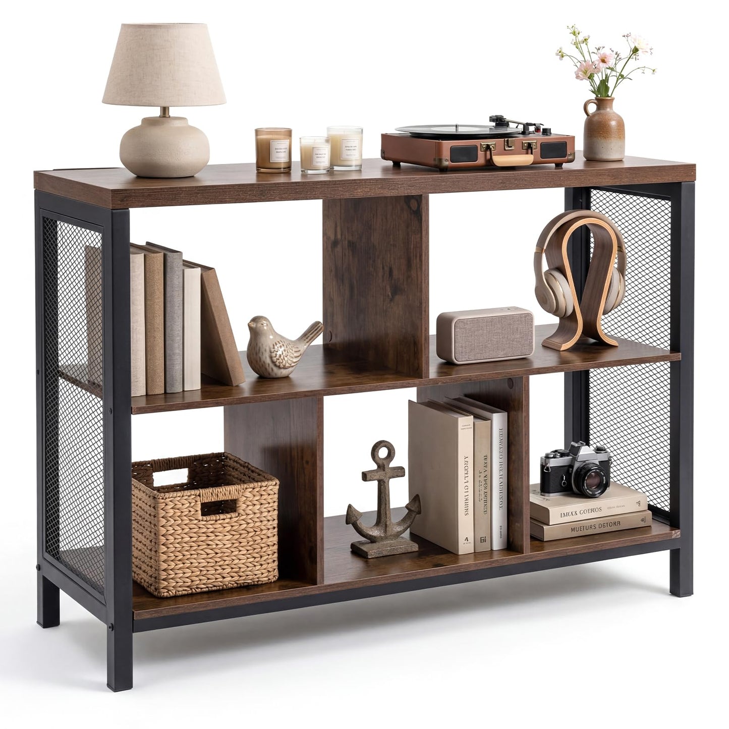 Storage Bookcase, Wooden Freestanding Bookshelf Side Cabinet with Metal Legs