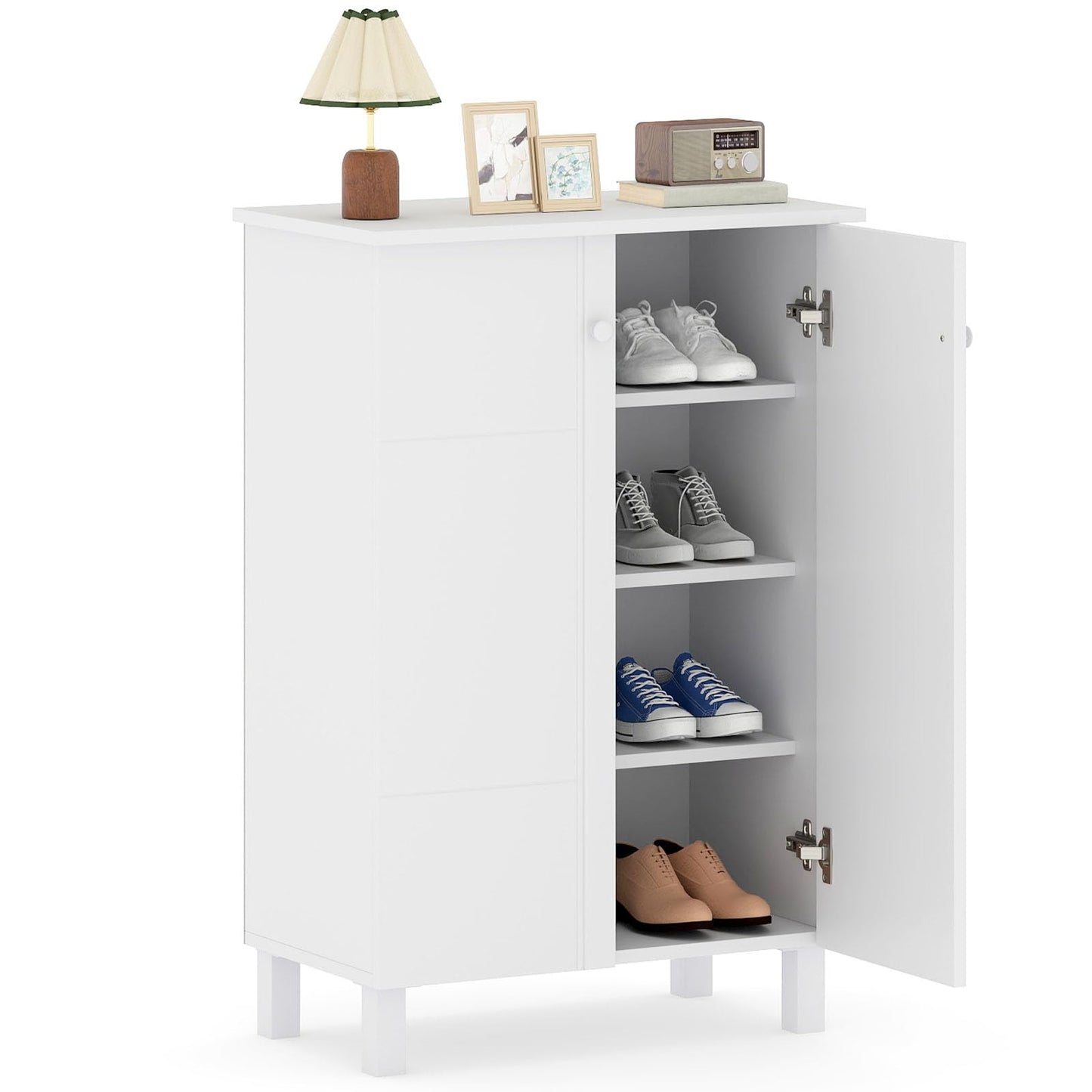 Wooden Shoe Cabinet, 4-Tier Freestanding Shoe Cupboard with 2 Doors and Removable Shelves