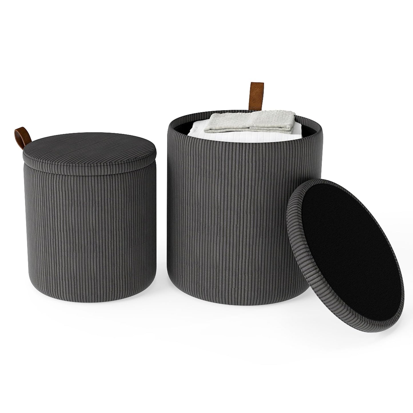Round Ottoman with Storage Set of 2 with Removable Lids and Padded Seats