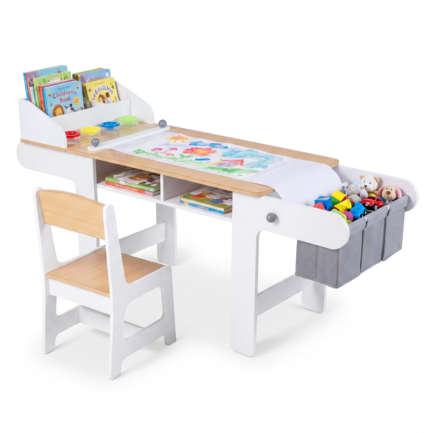 Kids Art Table and Chair Set with Paper Roll & Fabric Bins for Drawing Reading Studying Playing