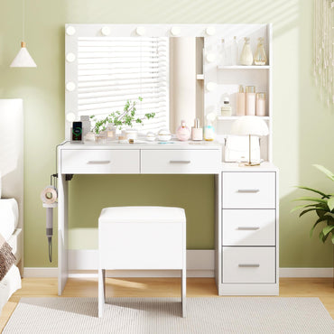 Dressing Table with Large LED Mirror and Storage Stool