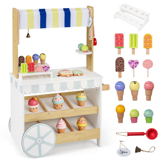 Kids Ice Cream Cart, 2 in 1 Wooden Grocery Store Playset with Display Shelves