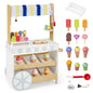Kids Ice Cream Cart, 2 in 1 Wooden Grocery Store Playset with Display Shelves