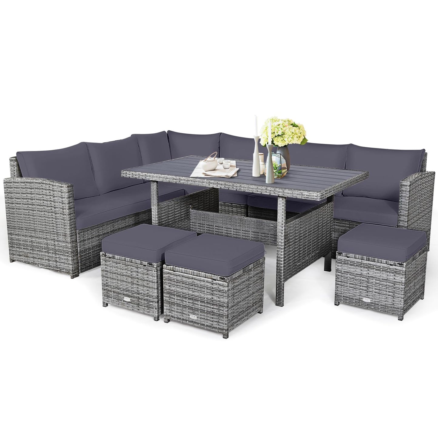 9 Seater Patio Rattan Corner Sofa Set with Sofa Chairs and Coffee Table