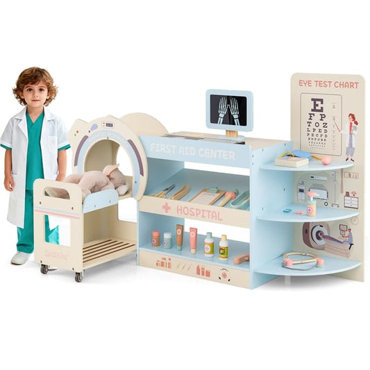 Wooden Pretend Hospital Office Kit with Eye Chart and Toy CT Machine