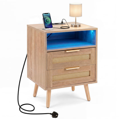 Rattan Bedside Table with Charging Station and LED Lights