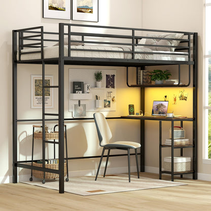 Metal Bunk Bed with Desk, RGB LED Lights, Charging Station