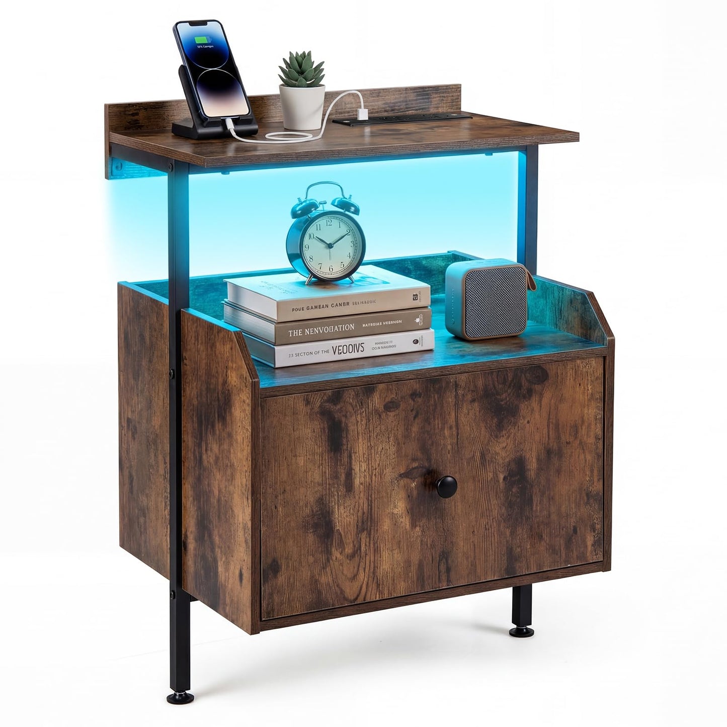 Nightstand Bedside Table with Charging Station and LED Light