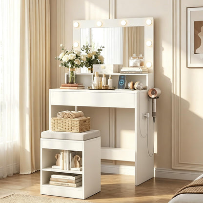 Small Dressing Table with Mirror and Storage Stool, 80cm Compact Makeup Table Vanity Desk Set