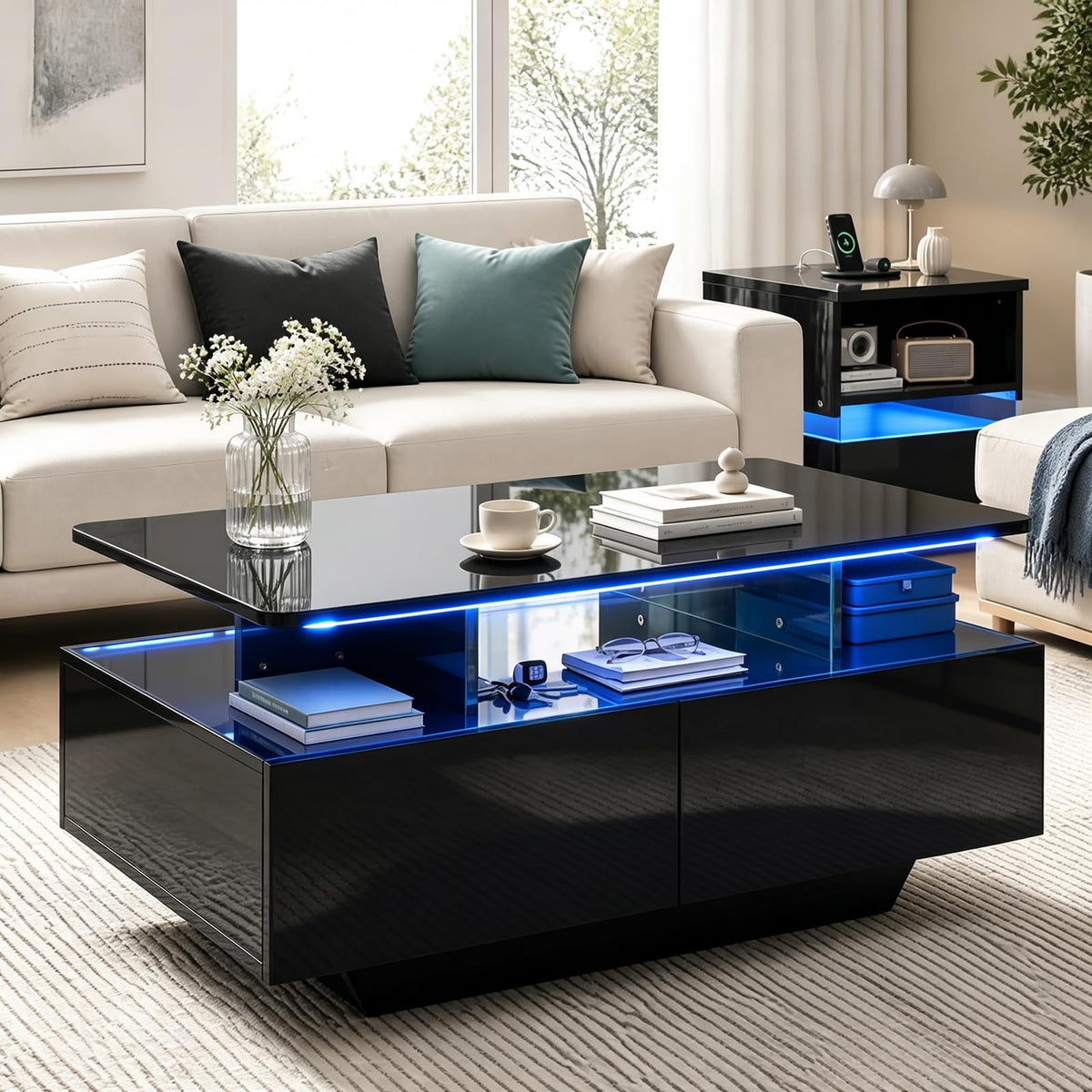 90 CM High LED Coffee Table with 2 Storage Drawers and 20-Color LED Lights