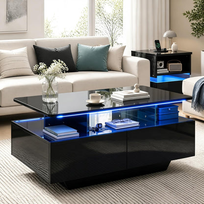 90 CM High LED Coffee Table with 2 Storage Drawers and 20-Color LED Lights