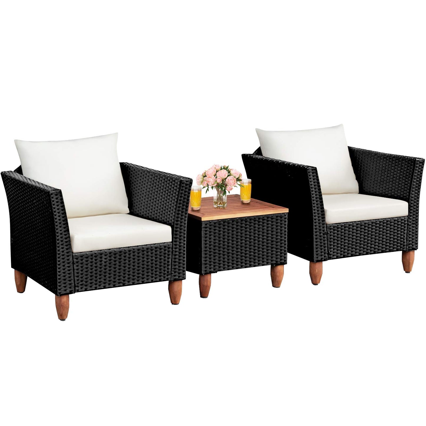 Sectional Patio Bistro Set with 2 Cushioned Sofas and 1 Acacia Table